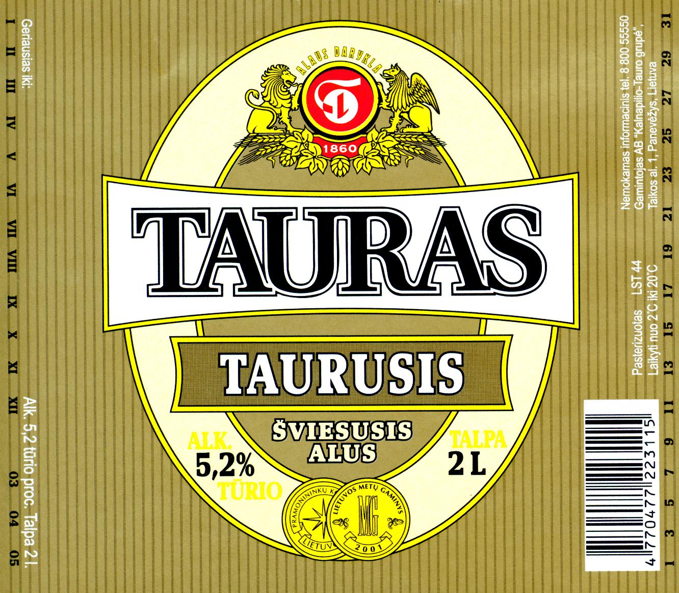 Prekės ženklas: TAURAS TAURUSIS ŠVIESUSIS ALUS